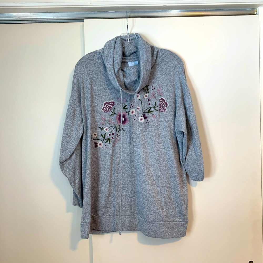 Grey cowl neck sweater with flower embroidery
